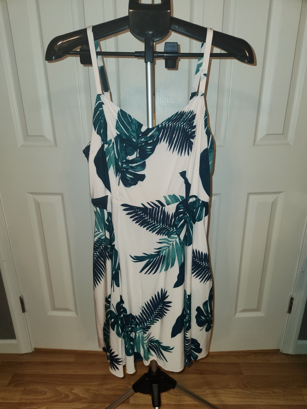 Blush Pink Tropical Leaf Spaghetti-Strap Dress
